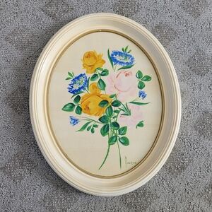 Vintage Oil Painting On Board Flowers Oval Frame